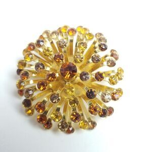 Vintage Amber Color Starburst Pom Pom Radiant Rhinestone Brooch, Retro Gold Tone